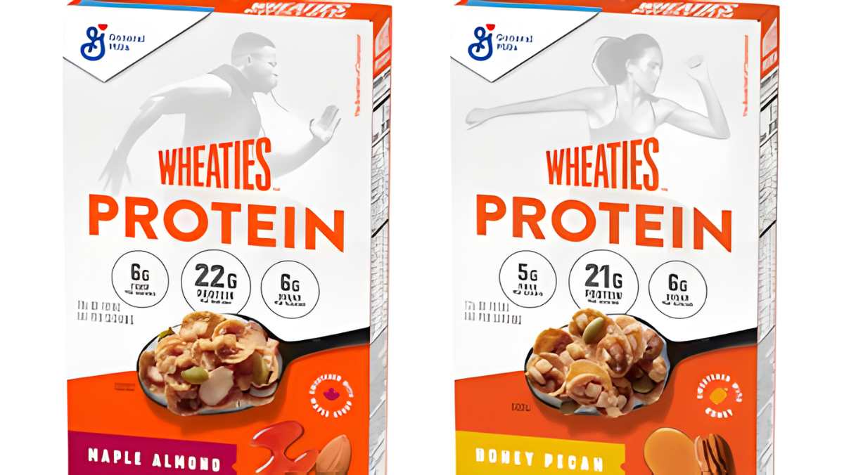 Wheaties Protein cereal boxes featuring athletes and high-protein ingredients