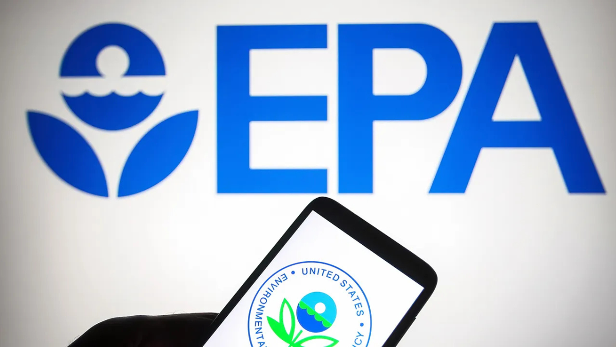EPA logo displayed on screen with mobile phone showing US environmental agency seal