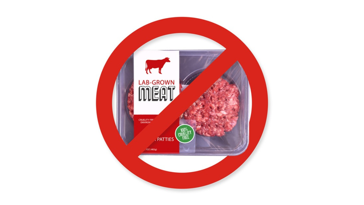 Cultivated meat product crossed out, symbolising US state bans on lab-grown meat