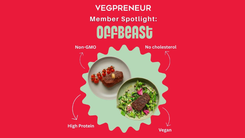 Vegpreneur member Offbeast showcasing whole-cut plant-based steak with vegan, high-protein and non-GMO claims
