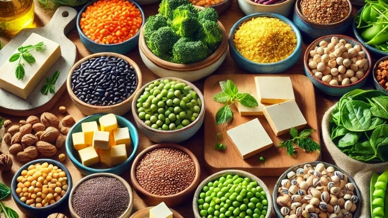 Variety of plant-based protein ingredients including beans, tofu and grains