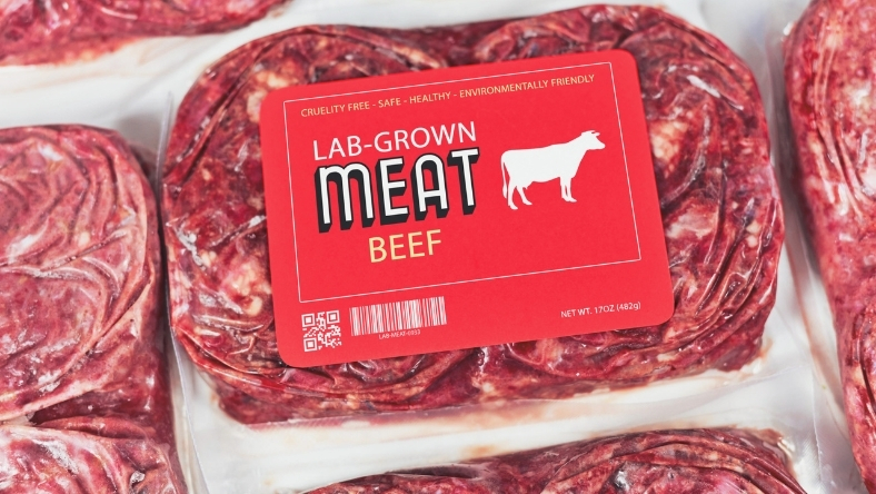 Retail pack of cultivated beef labelled lab-grown meat product