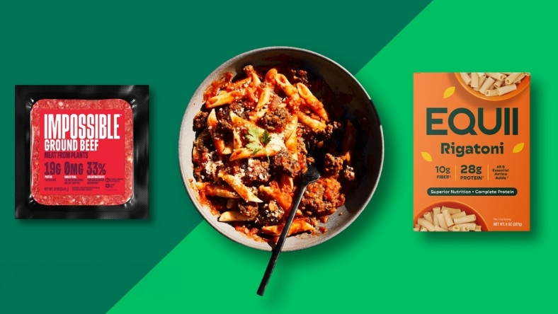 Impossible Ground Beef and Equii Rigatoni packaging beside a prepared pasta dish